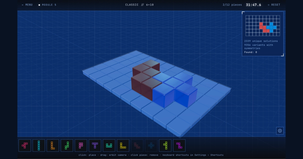 Tablero de Module 5: varias piezas de pentominó ya colocadas, cada una con su color