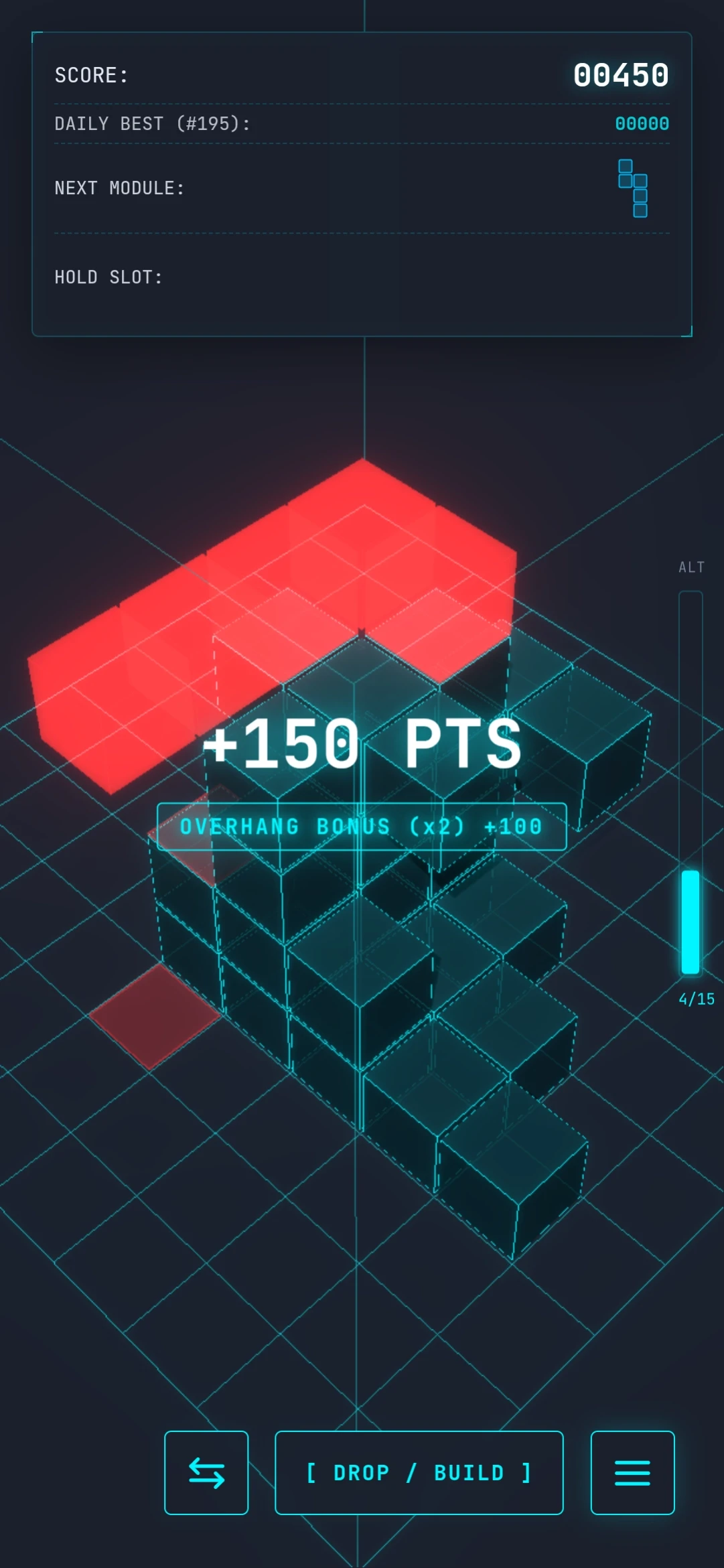 Interfaz de juego: tablero 3D, pieza activa y HUD de construcción