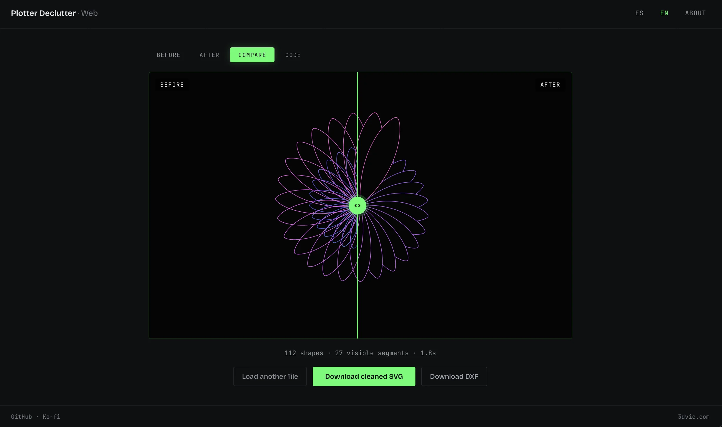 Antes y después de procesar un SVG con geometría oculta