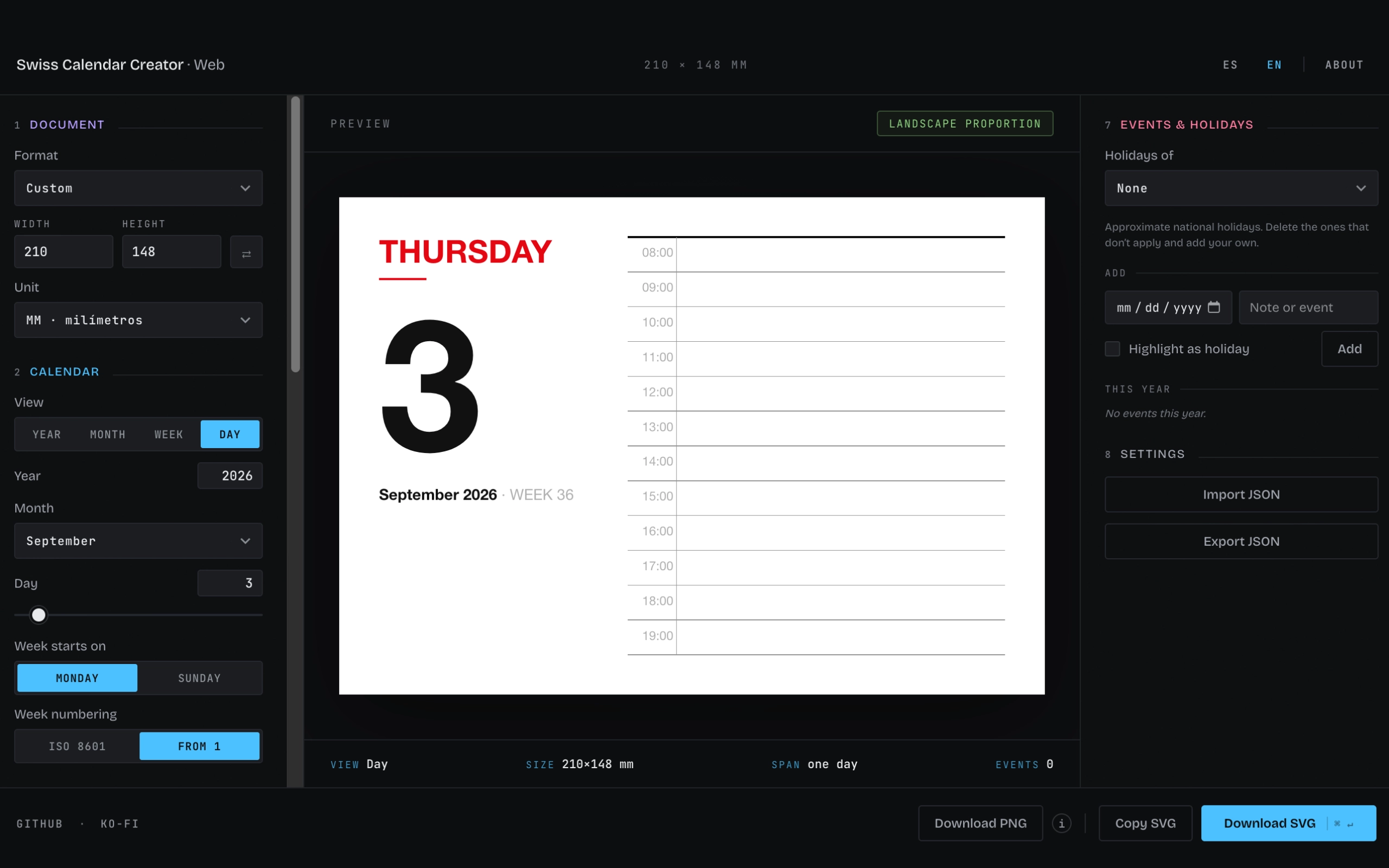 Vista Día con agenda horaria en un formato apaisado