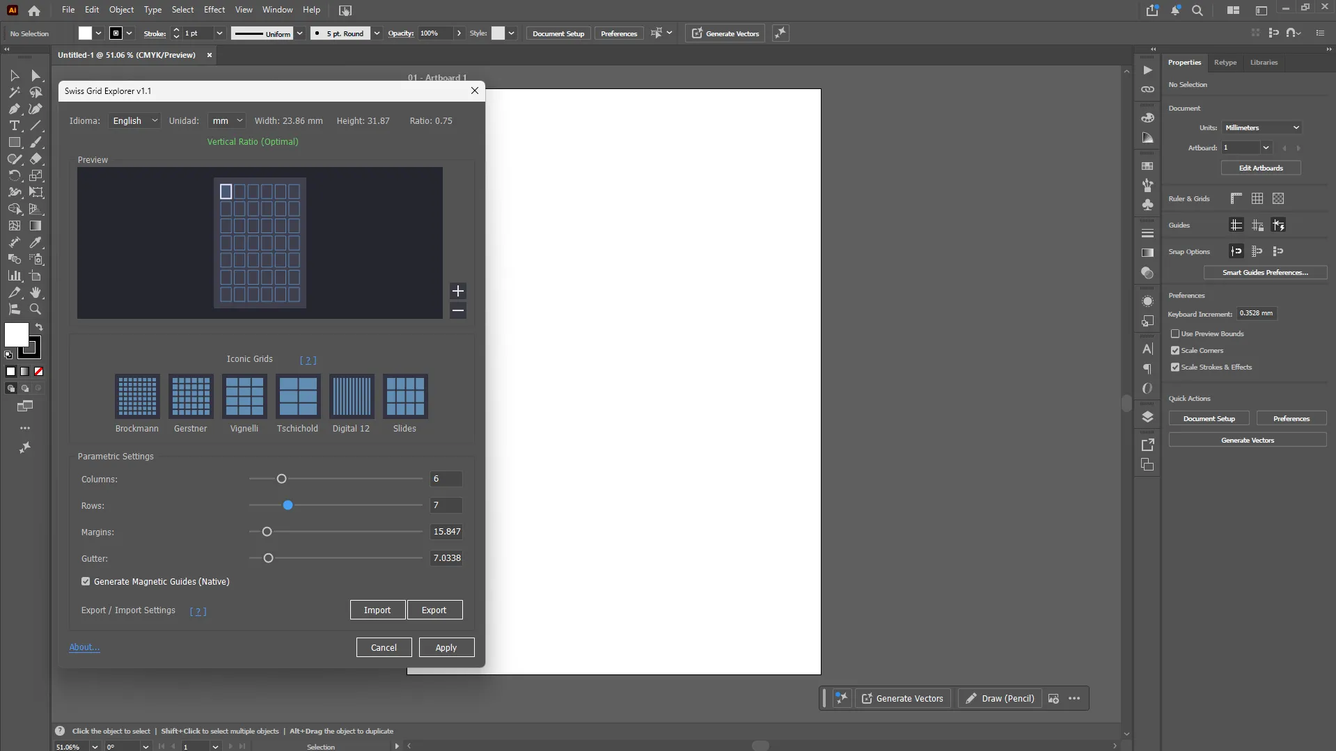El plugin en el entorno de Adobe Illustrator
